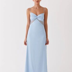 PEPPERMAYO- Blue Satin Lace Backless Maxi Gown